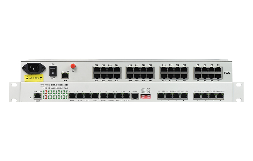 飞畅科技-32路电话+16E1+4FE+4GE+2路数据+SNMP+console（19英寸，物理隔离）电话光端机